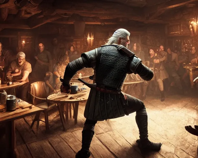 Prompt: 5 5 mm portrait photo of geralt of rivia dancing in a tavern. magical atmosphere. art by greg rutkowski. highly detailed 8 k. intricate. lifelike. soft light. nikon d 8 5 0.