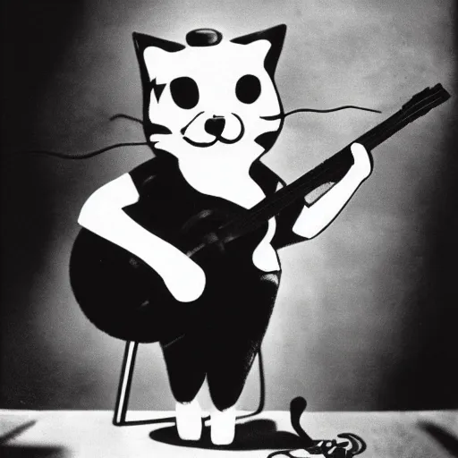 Image similar to cat playing guitar, rubber hose, felix the cat, pie eyes, 1 9 3 0 s, bw