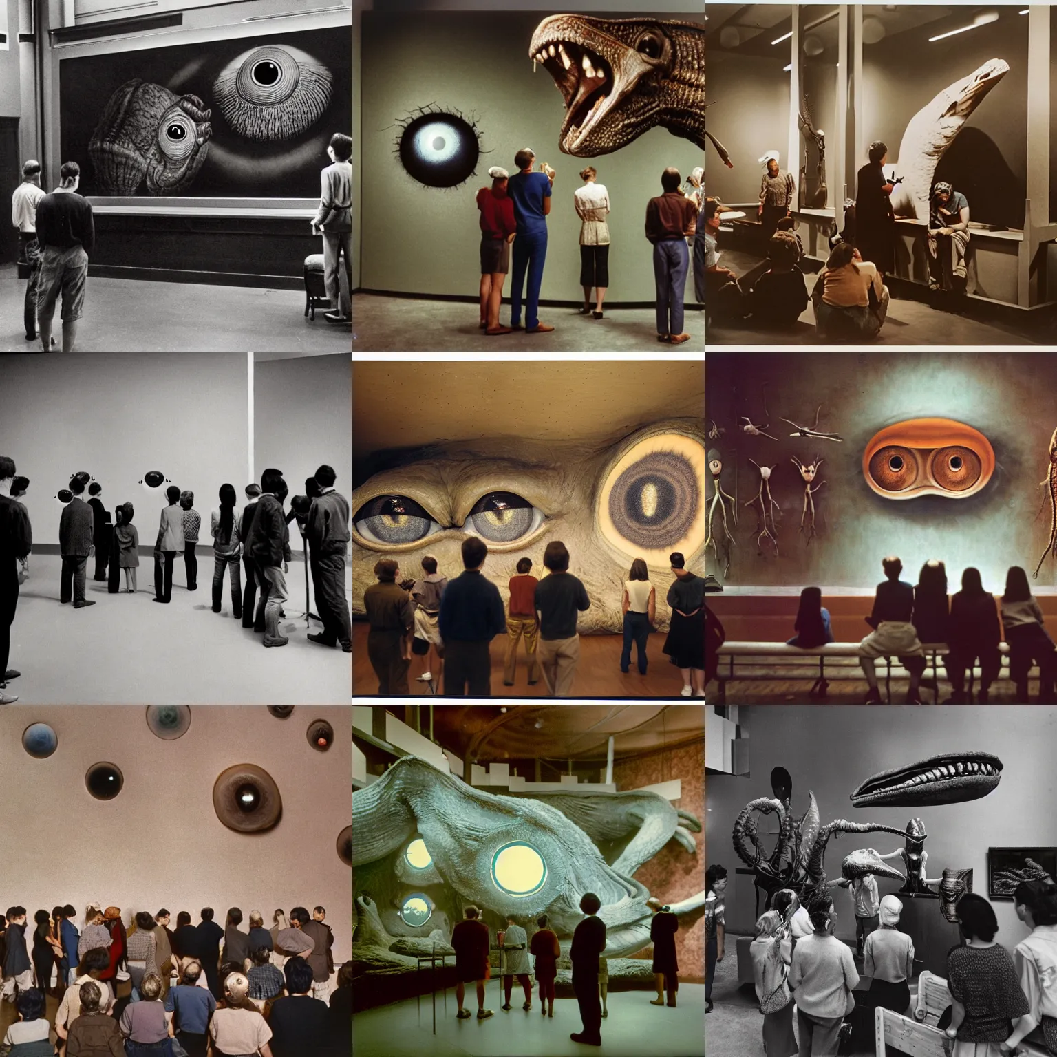 Prompt: wide - shot photo of museum visitors looking at alien eldritch eyes beaks giant extinct creatures by shaun tan, at the sitting couch, codachrome, 8 k, hd, highly detailed,