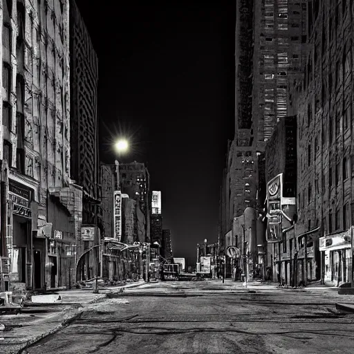 Image similar to color photograph, highly detailed abandoned New York city street at night after the war between humans and AIs, film grain, soft vignette, Canon EOS Digital Rebel XTi, 100-300mm Canon f/5.6, Exposure time: 1/160, ISO 400