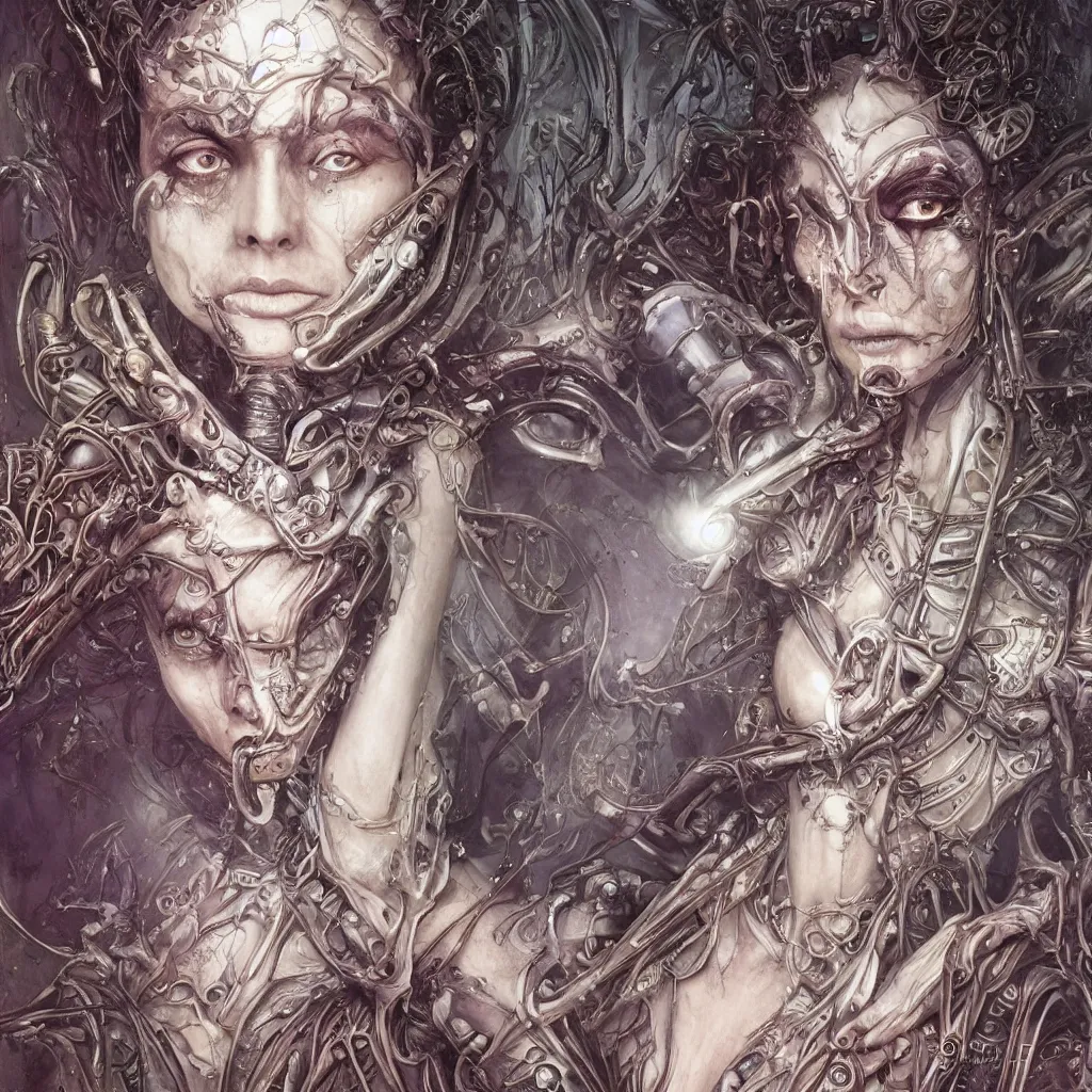 Image similar to beautiful and exotic alien queen bust portrait, glowering judging eyes, art nouveau declotage, perfect symmetrical facial features, hyperrrealistic bone structure, extremely hyperdetailed, mixed media painting, unreal engine, 8 k, octane, 8 mm, by travis charest, rodney matthews and olivia de bernardinis