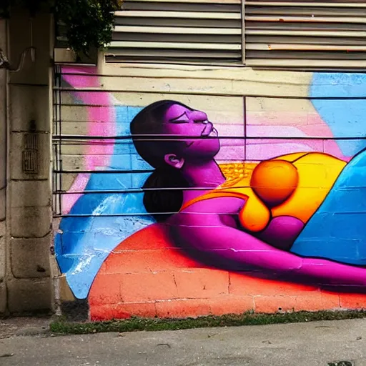 Image similar to This street art is a beautiful example of use of color and light. The street art depicts a woman reclining on a couch, with her head turned to the side and her eyes closed. The woman's body is bathed in a light, and her skin appears to glow. The artist has used a soft, delicate palette to create a sense of tranquility and serenity. The street art is elegant and graceful, and the woman's face is incredibly expressive. It is a truly beautiful street art. by Jack Gaughan tranquil