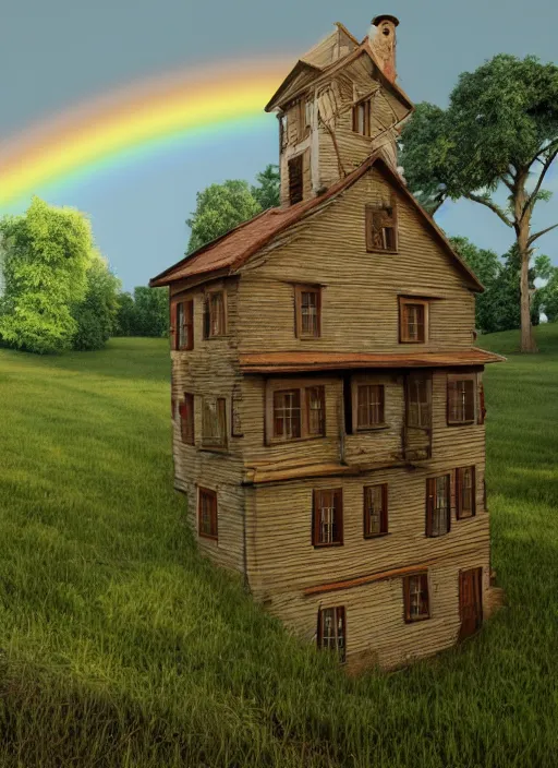 Image similar to a dreamy old homestead in the style of mc escher, hyper realistic art, 4 k, hyper realistic, coherent design, symmetrical, vivid colour, trending on art station, in the style of pi - slices, complementary colour, golden ratio, detailed, sharp lines, intricate, rainbow shift, in unreal 3 d engine, ray tracing, octane render