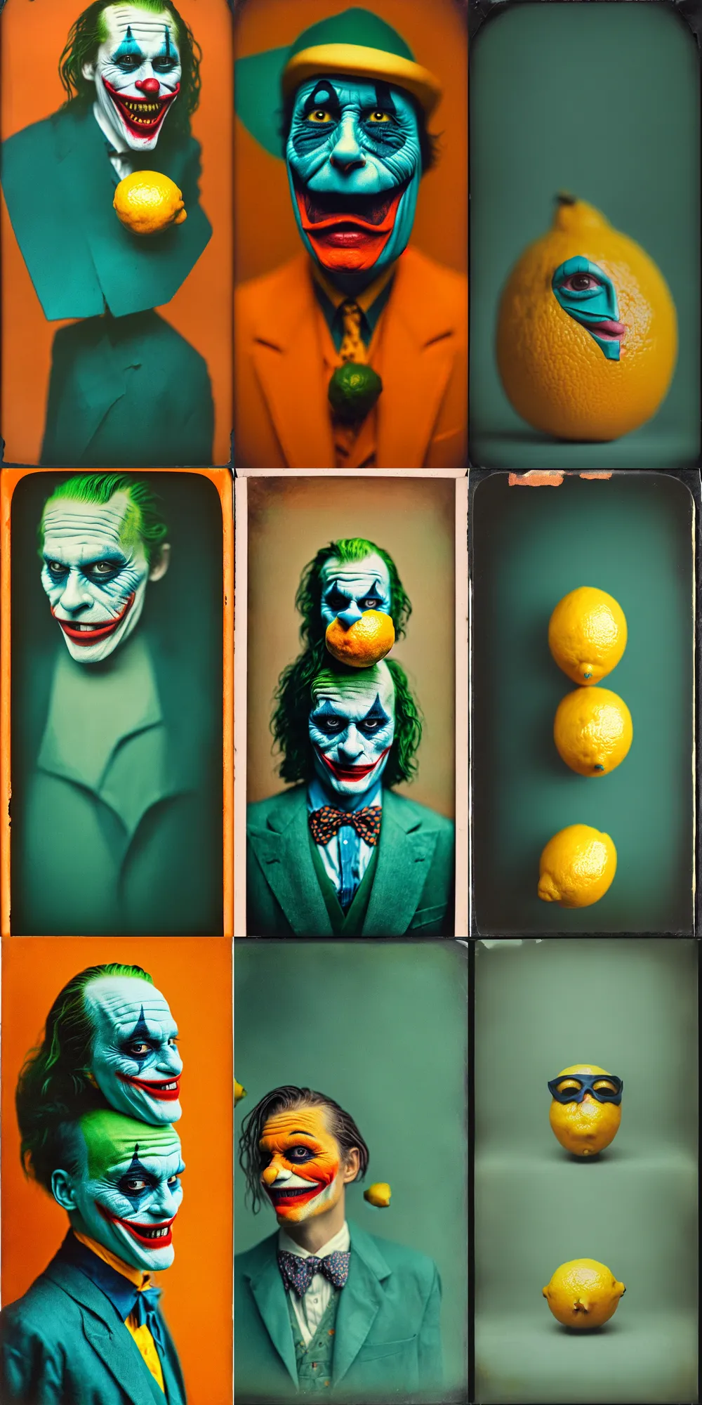 Image similar to kodak portra 4 0 0, wetplate, 8 k, shot of a highly detailed, britt marling style, colour still - life portrait of a lemon looks like 1 9 9 9 joker, teal and orange, muted coloures