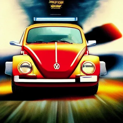 Image similar to back to the future with a volkswagen beetle, movie poster, epic lighting, eighties, sci - fi, artistic