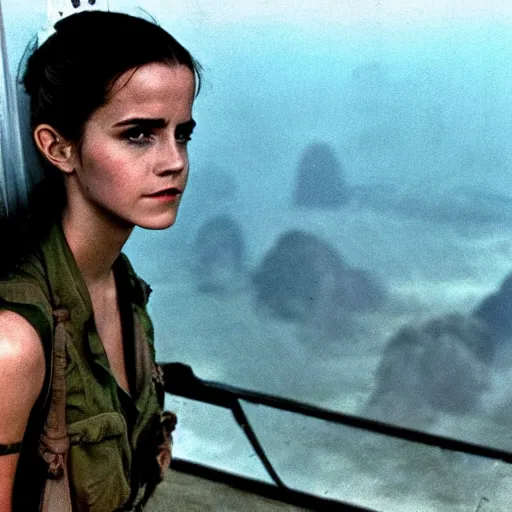 Image similar to film still, aerial view, extreme far view, emma watson vietnam door gunner, film still from apocalypse now ( 1 9 7 9 ), 2 6 mm, kodak ektachrome, blue tint expired film,