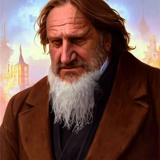 Image similar to [robot Depardieu as president of France! as GTA character, mystic hermit, closeup, D&D, intricate, elegant, highly detailed, digital painting, artstation, concept art, matte, sharp focus, illustration, art by Artgerm and Greg Rutkowski and Alphonse Mucha]