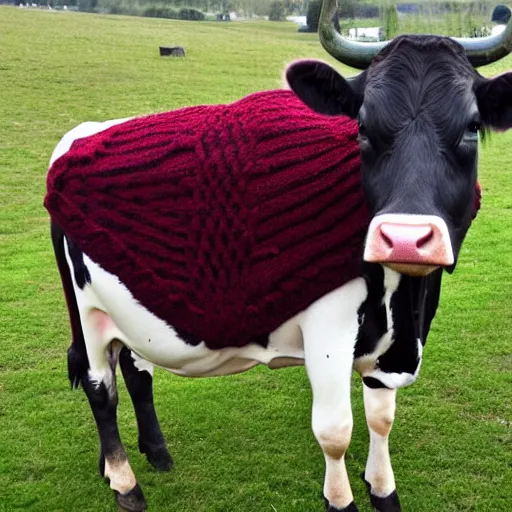 Prompt: a cow knitting a scarf