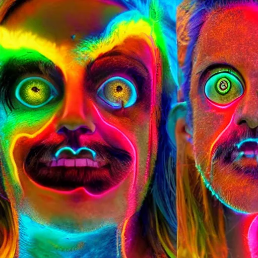 Image similar to three three eyed humanoids, third eye middle of forehead, wide wide shot, very hairy bodies, vivid colors, thin wires, beautiful lighting