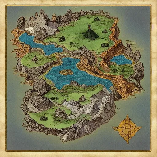 Image similar to an isometric fantasy map, the land of Odrua, uncluttered, bordered by ocean, continent with mountains lakes hills and cities, by brian froud by jrr tolkien in the dungeons and dragons and disney styles