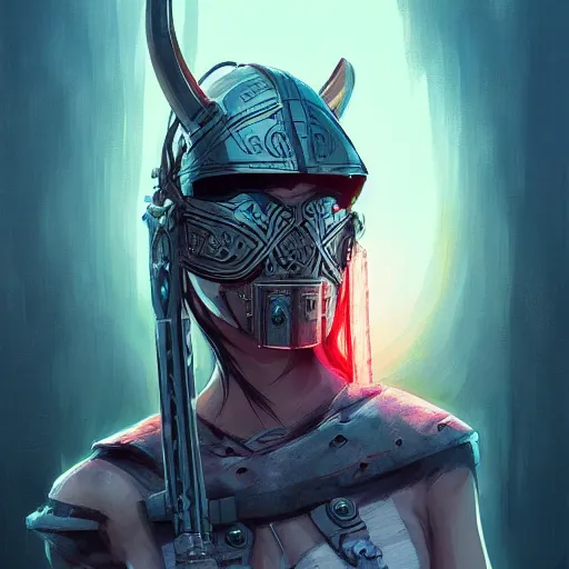 Image similar to cyberpunk viking helmet mask warrior goddess robot ninja fantasy, art gta 5 cover, official fanart behance hd artstation by jesper ejsing, by rhads, makoto shinkai and lois van baarle, ilya kuvshinov, ossdraws