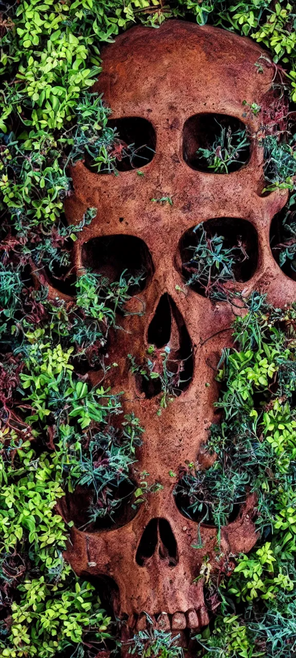 Image similar to award winning photo of robot skull rusty and filled with plants, stunning, 4 k, detailed, top - down, realistic