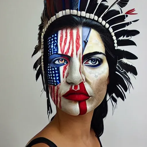 Image similar to a beautiful portrait sculpture designed by Sandra Chevrier, American Indian head dress, American stars and stripes on face