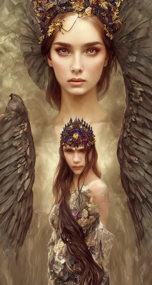 Prompt: beautiful young girl wearing a crown and sadness in her eyes, ravens around her, skulls, vaporwave aesthetic, synthwave, intricate, elegant, highly detailed, digital painting, wearing long gown, angelic wings, artstation, concept art, smooth, sharp focus, illustration, art by artgerm and greg rutkowski and alphonse mucha