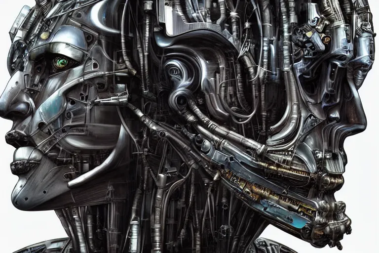 Image similar to an extremely high quality hd, a digital painting of a man's face surrounded by mechanical parts, cyberpunk art by h. r. ( hans ruedi ) giger, featured on cgsociety, afrofuturism, circuitry, tesseract, dystopian art, 8 k, ultra realistic, very realistic