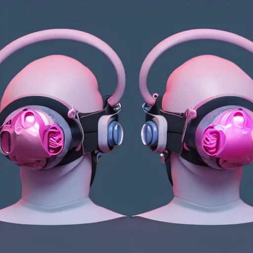 Prompt: intense futuristic bespoke vr headset respirator on a set of twin ninja hypebeasts, by ilya kuvshinov and james jean and sorayama and ikeuchi and hiroya oku and gilleard james, artstation trending, 8 k, 3 d render, photorealistic, volumetric lighting caustics, pink