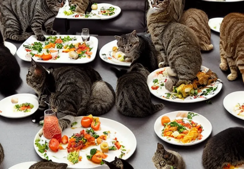 Prompt: enormous meal of food items twice their normal size, served to a table of posh cats