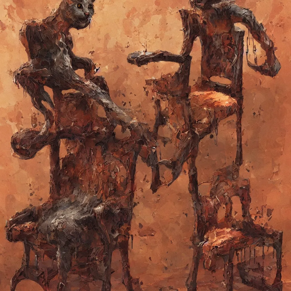 Prompt: a cat character laying, wood carved chair, super powers, concept art, by greg rutkowski, old copper pipes, complementing colors