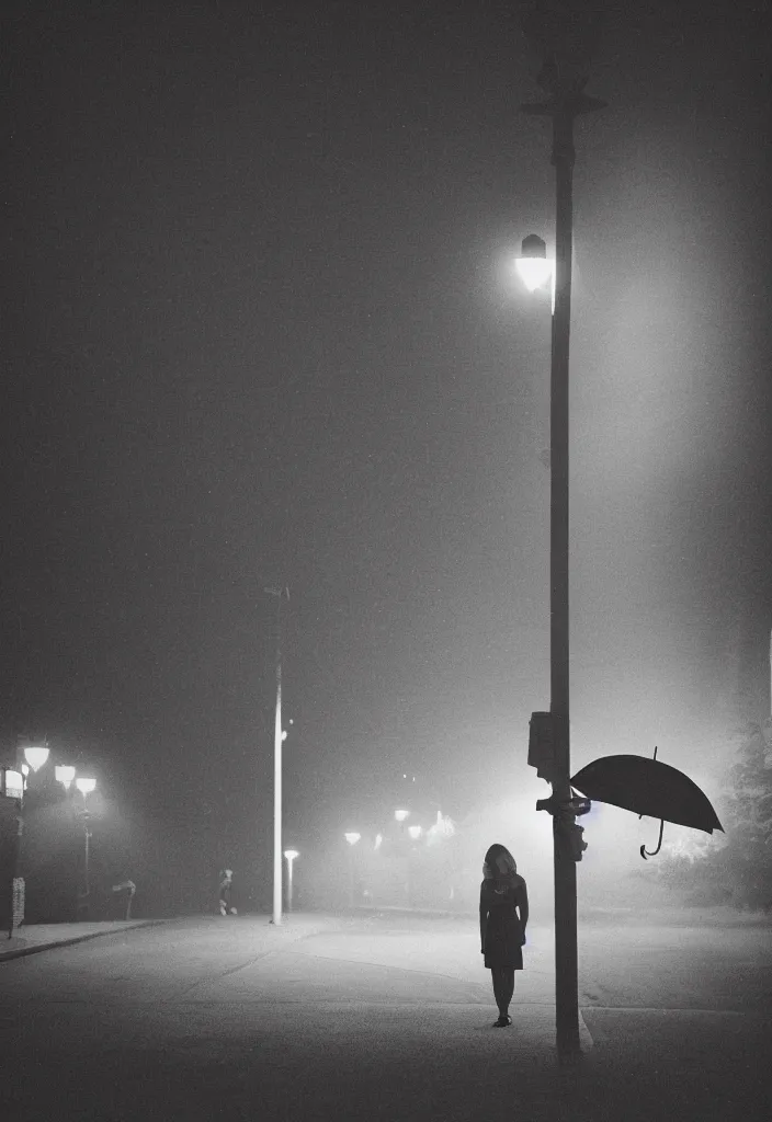 Image similar to “ quiet american neighborhood at night, a woman waiting with a black umbrella, photography in the style of gregory crewdson, mist, rule of thirds ”