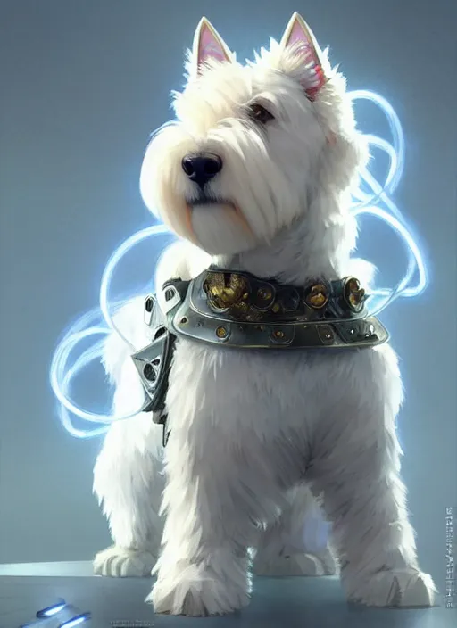 Image similar to a west highland white terrier, anime art style, wearing futuristic, led - lit armor, and a cannon mounted on his back, portrait, high detail, sharp focus, digital painting, artstation, concept art, art by hayao miyazaki and artgerm and greg rutkowski and alphonse mucha.