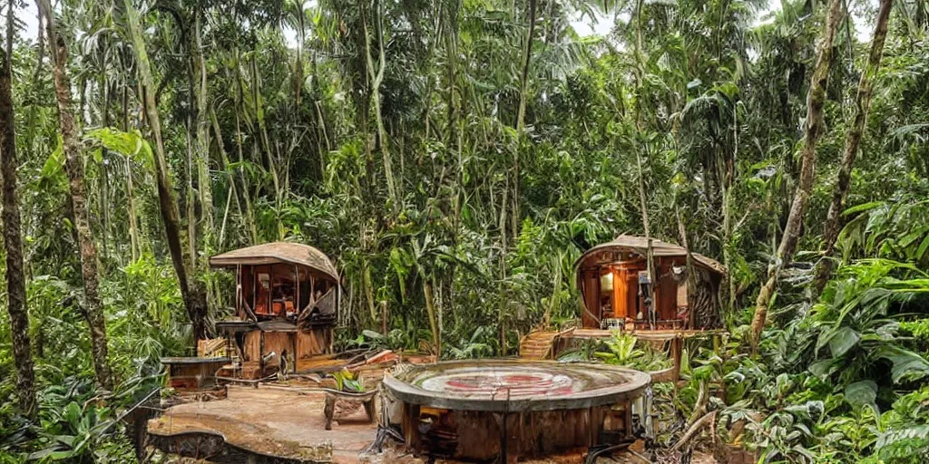 Prompt: a dream recording studio in the jungle by james gurney