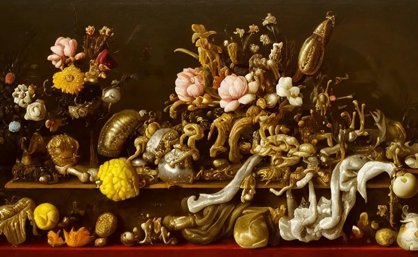 Image similar to distuebing dutch golden age vanitas still life with bizarre objects strange gooey surfaces siny metal bizarre insects rachel ruysch very detaild perfect composition rule of thirds