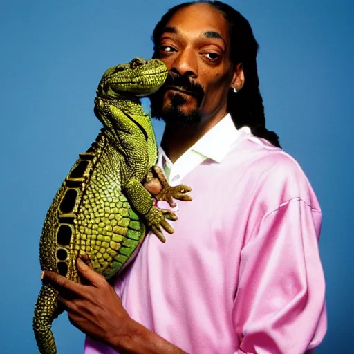 Image similar to Snoop Dogg holding a alligator for a 1990s sitcom tv show, Studio Photograph, portrait, C 12.0