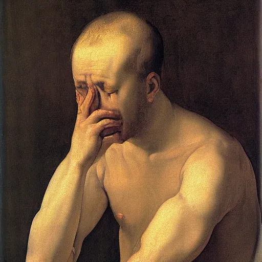 Prompt: Mannerism painting portrait of a man crying scared, sadness, fear, and anxiety, by Agnolo Bronzino