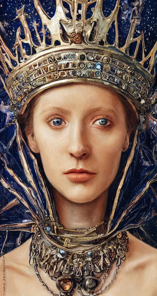 Prompt: hyperrealism oil painting, extreme close-up, portrait of european medieval queen fashion model, high detailed crown, melted cyborg, sci-fi mixed with Renaissance, ocean pattern mixed with star sky, in style of classicism mixed with 70s japan book art
