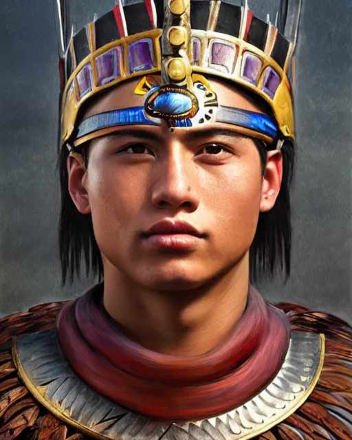 Image similar to portrait of a handsome young aztec warrior, art by lixin yin and denys tsiperko and bogdan rezunenko, hyperrealism, fantasy art