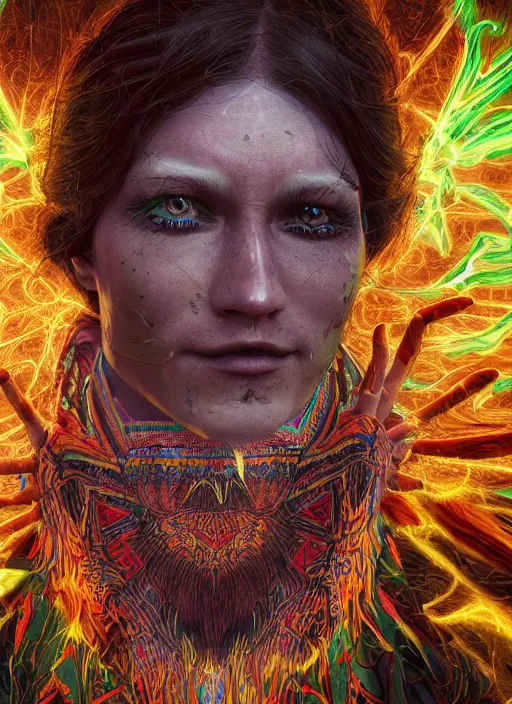 Image similar to An epic fantasy comic book style portrait painting of a wild- eyed shaman tripping on Ayahuasca, Shipibo textile patterns made of lasers, fisheye lens, unreal 5, DAZ, hyperrealistic, octane render, cosplay, RPG portrait, dynamic lighting