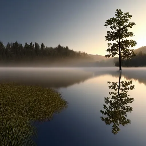 Prompt: still shot of a lake covered in morning fog, highly detailed, photorealistic portrait, bright studio setting, studio lighting, crisp quality and light reflections, unreal engine 5 quality render