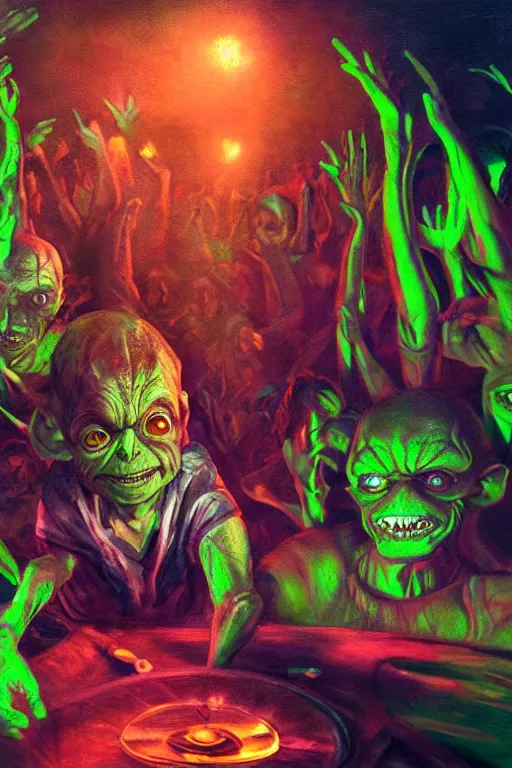 Prompt: gollum visits a rave club, oil on canvas, intricate, 8 k highly professionally detailed, hdr, cgsociety,