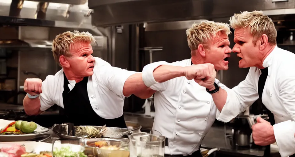 Image similar to photo of angry furious Gordon Ramsay punching Gordon Ramsay at the kitchen