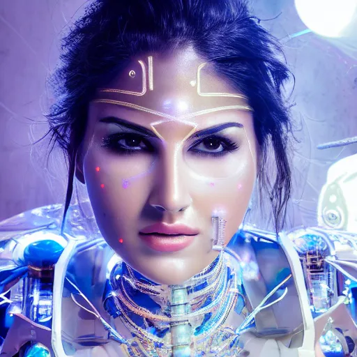 Image similar to beautiful centered Fine art photo portrait of Sunny Leone as a solarpunk robotic humanoid, crystal mechanical parts with led lights, photorealistic, white background, highly detailed and intricate, outdoor lighting, HDR 8k