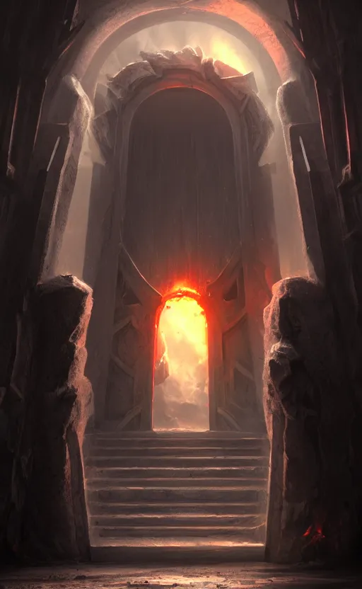 Image similar to a gate into hell, portal, doorway, dynamic lighting, ambient lighting, atmospherical, photorealistic fantasy concept art, trending on art station, stunning visuals, creative, cinematic, ultra detailed