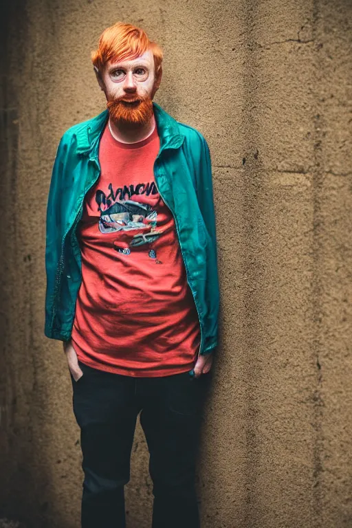 Prompt: full body photo of a 5 0 year old heroin addict ginger men with crooked teeth, shady dark backalley at night, nerdy appearance, smooth, sharp, 8 5 mm, f / 1. 3