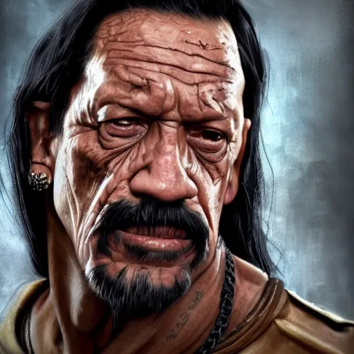 Image similar to Portrait of Danny Trejo, realistic character concept, warhammer fantasy, dark and gritty atmosphere, golden ratio, cinematic lighting, hyperdetailed, high resolution, insanely detailed and intricate, Oscar Soler, trending on artstation