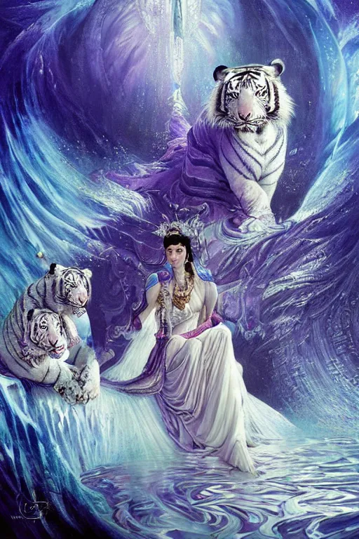 Prompt: a beautiful ultradetailed painting of the empress on a throne made of waves and ice with her white tiger guardian by Karol Bak, blue and purple colour scheme, volumetric lighting.