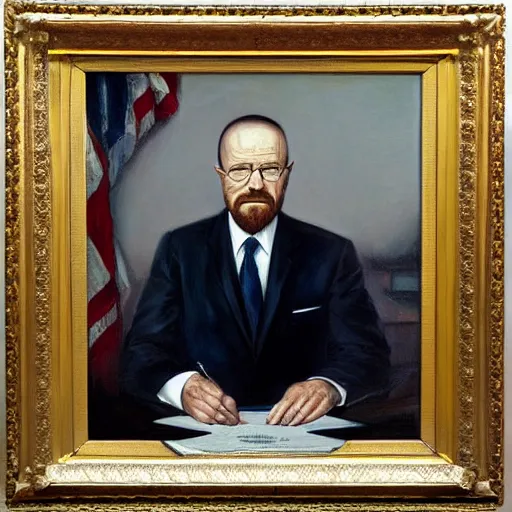 Image similar to president walter white, walter white presidential portrait, oval office painting. official portrait, painting by gibbs - coolidge. oil on canvas, wet - on - wet technique, underpainting, grisaille, realistic. restored face.