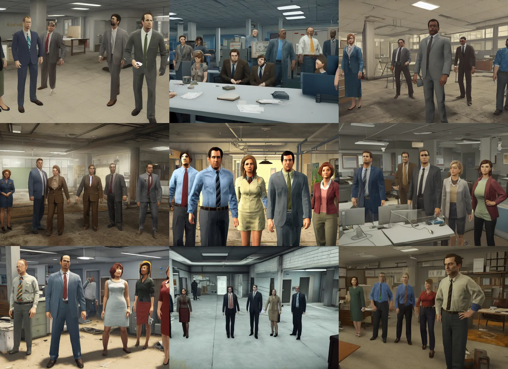 Prompt: still image of the cast of the tv show the office, as npc characters in fallout 4, unreal engine, octane render, 8 k