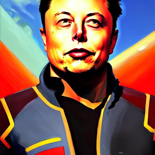 Image similar to greg manchess portrait painting of elon musk with jetpack as overwatch character, medium shot, asymmetrical, profile picture, organic painting, sunny day, matte painting, bold shapes, hard edges, street art, trending on artstation, by huang guangjian and gil elvgren and sachin teng