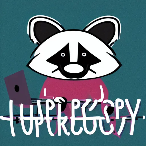 Image similar to logo of a happy raccoon pushing a grocery cart with a laptop on top and a face mask hanging off the corner