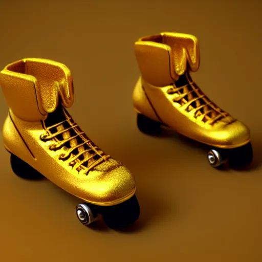 Prompt: a pair of golden roller skates, digital illustration, detailed, 8 k, artstation, detailed and intricate, 8 k resolution, hyperrealistic, octane render, cinematic 9