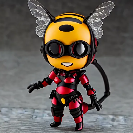 Image similar to photograph of cute bee nendoroid with themed black armor with crimson metal wings, portrait, hyperdetailed, artstation, cgsociety, 8 k, by tangerine dream