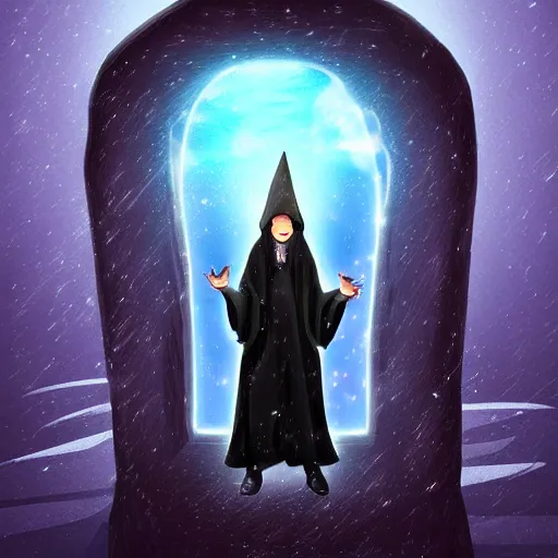 Prompt: A portrait of a young wizard in a dark cloak, he carries a snowglobe with humans trapped inside, emanating dimensional magic, digital art