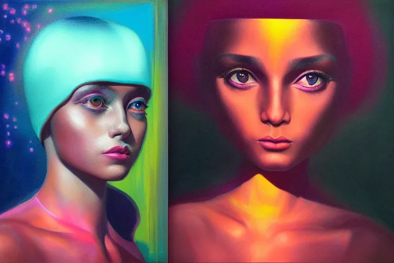 Image similar to patron saint of 🛸🌈👩🏾, futuristic clothing, neon god of city character portrait, in the style of margaret keane, moebius, tom bagshaw, and waterhouse, cinematic lighting, beautiful, elegant, oil painting,