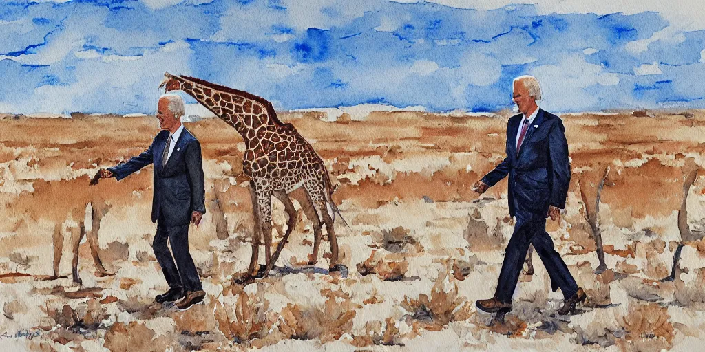 Prompt: Joe Biden in a giraffe suit , walking in the desert watercolor painting