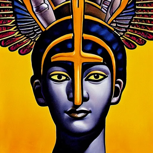 Image similar to An epic fantastic realism comic book style painting of the most beautiful portrayal of a 20-year-old, young, gorgeous, pale, Goth, friendly, amicable, casual, wears the ankh symbol, the key of life, the key of the Nile, is representative of eternal life in Ancient Egypt, Low angle, from below, worms-eye-view, 3-point perspective, unreal engine 5, DAZ, hyperrealistic, intricate, symmetrical, accurate, octane render, Arnold render, IMAX quality, cinematic, theatrical, dramatic, warm lighting, by Lee Jeffries, award-winning, awe-inspiring, ground-breaking, masterpiece , artgem, Dark Fantasy