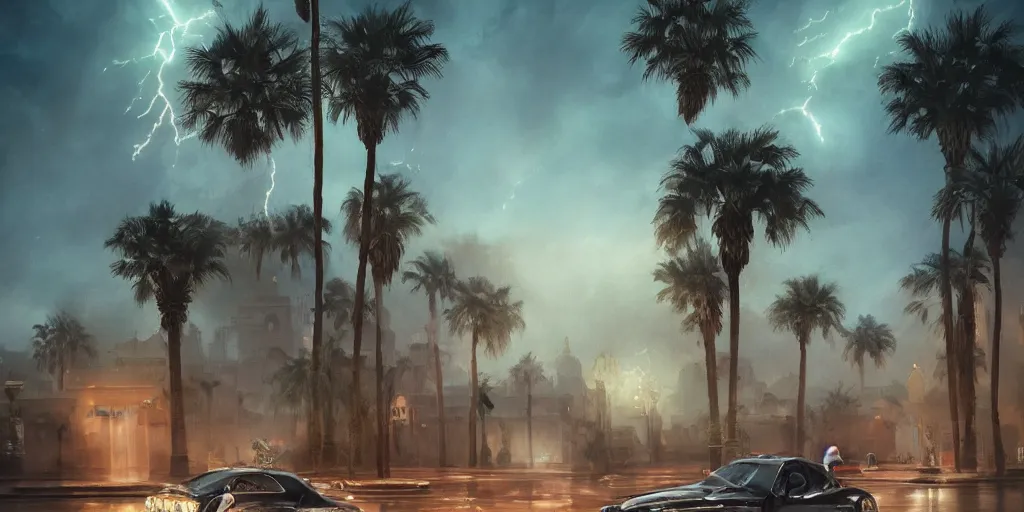 Image similar to thunderstorm in marrakech, palm trees, flying vehicles, moroccan mosque, wlop, james jean, tom bagshaw, rococo, trending on artstation, fantasy, intricate, elegant, highly detailed, digital painting, concept art, smooth, illustration, cinematic lighting, hyper realism, octane render, 8 k, hyper detailed.